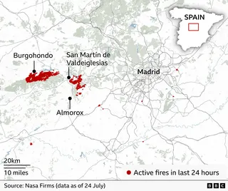 Map of central Spain showing active wildfires recorded in the last 24 hours. Red dots and clusters mark fire locations, with the largest concentrations west of Madrid near Burgohondo and Almorox, both labelled. Madrid is labelled near the centre of the map. An inset map of Spain in the upper left highlights the region’s location. The legend indicates that red marks represent Active fires in last 24 hours. Source: Nasa Firms data as of 24 July.
