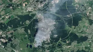 Gallo Images/Orbital Horizon/Copernicus Sentinel Data 2026  Satellite view of the Wildberries logistics hub in Elektrostal near Moscow shows warehouses engulfed in massive fires and heavy damage after Ukrainian drones struck the site