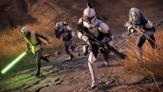 Key art for Star Wars Zero Company showing a squad running towards the camera, including Trick, Luca, Tel-Rea, and Cly.