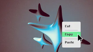Illustration of a 3D sparkle emoji with a computer menu over it, and the cursor hovering over the "Copy" option.