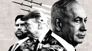 Photo illustration of Vice President JD Vance, President Trump, Prime Minister Benjamin Netanyahu, Palestinian children, and missiles