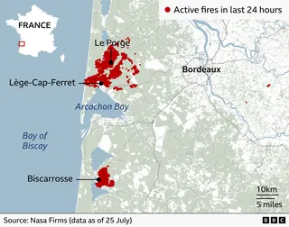 Map of south-west France showing active wildfires recorded in the last 24 hours. Large clusters of red dots mark fire activity around Arcachon Bay, concentrated between Lège-Cap-Ferret and Le Porge on the Atlantic coast. A second sizeable cluster is located near Biscarrosse to the south. Smaller isolated fire detections appear east of Bordeaux. Bordeaux is labelled inland to the east, while Arcachon Bay and the Bay of Biscay are labelled in blue along the coastline. An inset map of France in the