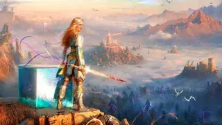 Laufey stands next to cube on a cliff in art for God of War Laufey