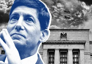 Illustration of Fed Chair Kevin Warsh looking up, with the Federal Reserve building in the background.