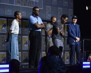 Letitia Wright, Winston Duke, Ryan Coogler, David Jonsson and Kevin Feige on stage