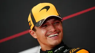 McLaren's Lando Norris smiles during the post-race news conference after the Hungarian Grand Prix