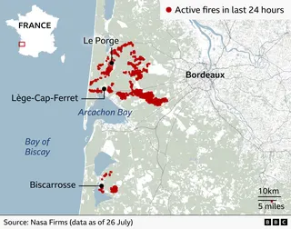 Map of south-west France showing active wildfires recorded in the last 24 hours. Large clusters of red dots mark fire activity around Arcachon Bay, concentrated to the south west of Bordeaux and between Lège-Cap-Ferret and Le Porge on the Atlantic coast. A second sizeable cluster is located near Biscarrosse to the south. Bordeaux is labelled inland to the east, while Arcachon Bay and the Bay of Biscay are labelled in blue along the coastline. An inset map of France in the top left highlights the