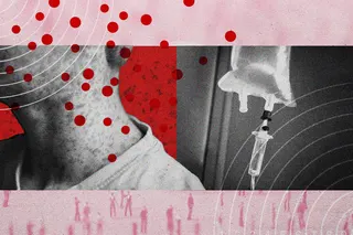 Collage of a neck with measles bumps and an IV drip