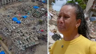Split screen image showing an aerial view of a flattened apartment building and a woman in yellow looking distraught.
