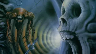Relics game cover art of an alien and a skull with its mouth open