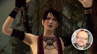 Morrigan from Dragon Age next to a headshot of David Gaider