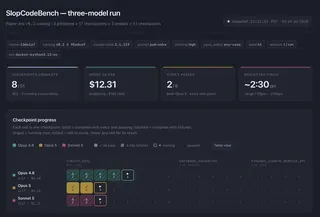 the live progress page at 12:12pm — 8 of 51 checkpoints done, $12.31 spent, and both of the run's two strict passes belong to opus 5