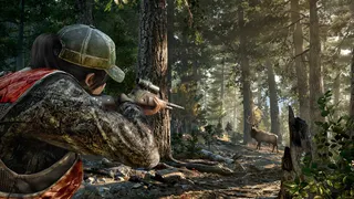 Far cry character shooting deer in forest