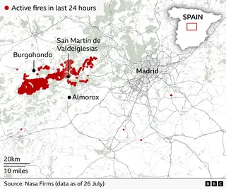 Map of central Spain showing active wildfires recorded in the last 24 hours. Large clusters of red dots mark fire activity west of Madrid, concentrated around Burgohondo and San Martín de Valdeiglesias. The fires form two main zones. A few isolated fire detections are scattered south and east of Madrid. Madrid is labelled near the centre-right of the map. An inset map of Spain in the top right highlights the location of the affected area. Source: NASA FIRMS data as of 26 July.