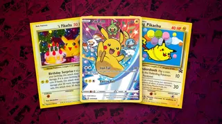 A collection of three Pikachu TCG cards. One is a full illustration with two starters, another sees PIkachu behind a birthday cake, and the final card shows the series mascot floating with air balloons.