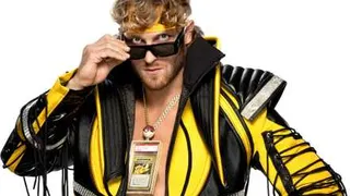 Logan Paul's wrestling outfit that includes a Pikachu card in a necklace