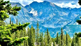View of Granite Peak in Montana with trees, snowcaps