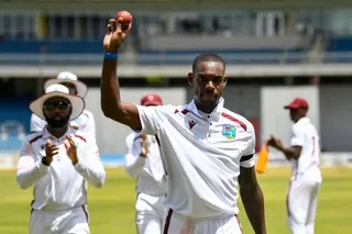Justin Greaves claimed his maiden five-wicket haul as Pakistan were bowled out for 282 in reply to West Indies’ first-innings total of ⁠311. Photo: AFP