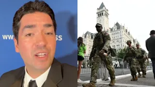 A composite shows on the left Bernd Debusman Jr speaking to camera, and on the right, National Guard security outside the Whaldorf Hotel in Washington DC on 24 July.