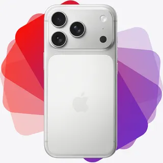 iPhone 17 Pro, back exterior, iPhone silhouette fans out from behind into spectrum of purple and red colors