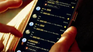 A still image of a woman scrolling through her phone, showing messages between "me" and Jared Leto. Fragments of the messages are visible, such as Leto asking: "You coming tonight?"