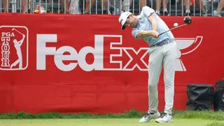 Keegan Bradley hits his tee shot during the second round of the 2023 Rocket Mortgage Classic at the Detroit Golf Club.
