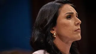 Gabbard in profile against a dark background, wearing a gold earring