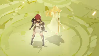 A screenshot of action RPG Lunarium. Two young women stand on a mossy stone platform: one an armored knight and the other a floating goddess in a white dress.