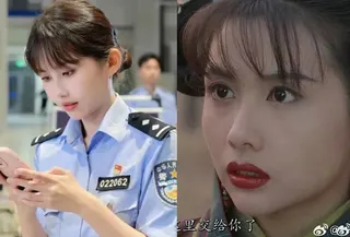 上海一名女公安值勤時，因神似邱淑貞引發外界關注。（翻攝微博）