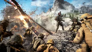 Battlefield 6: A group of soldiers taking cover in a ditch by a burning tree, ready to charge up a mountain range.
