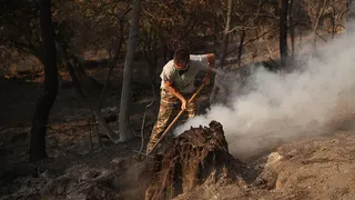 A man attempts to extinguish the remaining flames from the wildfire on the outskirts of Casavieja, on 29 July, 2026 in Avila, Castile and Leon, Spain