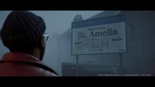 A man in a beanie and glasses looks at a large sign reading Welcome to St. Amelia with ferry schedule information, in a foggy street.