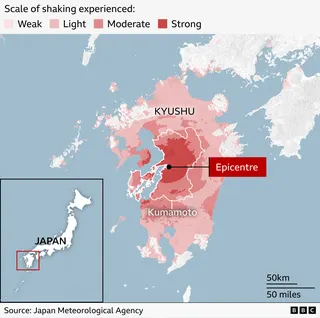 Map of Kyushu, Japan, showing the reported intensity of the earthquake shaking. Shading ranges from weak (very light pink) to strong (dark red), with the strongest shaking concentrated around the marked epicentre in central Kyushu near Kumamoto.