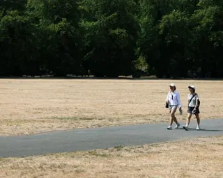 Two people walk along path with brown, parched grass either side