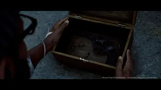 An overhead view of hands opening a wooden box containing a revolver and loose bullets, with an IV cannula visible taped to one wrist.