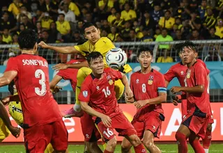Malaysia’s Muhammad Ubaidullah Shamsul Fazili attempts a header while being challenged by a Laos player during the Group B match of the Hyundai Asean Cup 2026 between Malaysia and Laos at the Kuala Lumpur Football Stadium, July 28, 2026. — Bernama pic