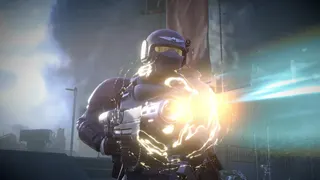 A player in Warhammer 40k legendary warbond gear firing a meltagun in Helldivers 2.