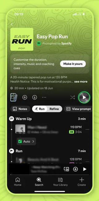 A screenshot showing Spotify’s Running Mode on the Spotify iOS app.