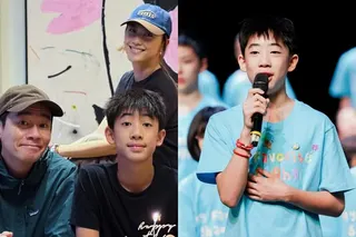 陈小春（左图前排左）和应采儿（左图后排）的13岁儿子Jasper有丰富的表演经验。（取自应采儿IG）