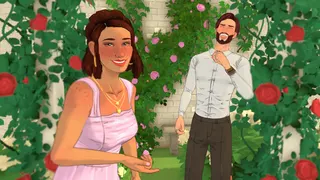 Screenshot from Paralives featuring two Paras laughing in front of a wall of flowers.
