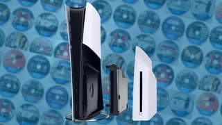 PS5 console with disc drive over a grid of PS5 discs