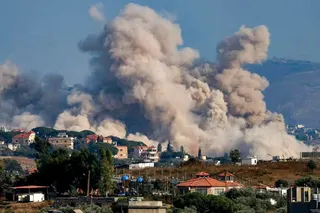 Smoke rises following an Israeli controlled-explosion on the village of Kfartibnit as seen from Nabatieh in southern Lebanon on July 29, 2026.