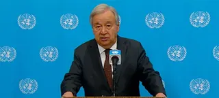 联合国秘书长安东尼奥·古特雷斯在纽约United Nations总部的新闻发布会上发表讲话。