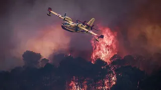 a small yellow airplane flies over flames.