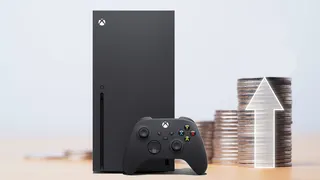 Composite image showing an Xbox Series X/S next to a big stack of coins, with an overlaid arrow pointing upward.