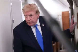 President Donald Trump speaks to reporters onboard Air Force One while returning to the White House, Sunday, Aug. 2, 2026. (AP Photo/Jacquelyn Martin)