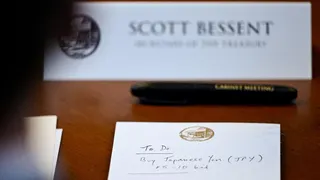 A notepad in front of U.S. Secretary of the Treasury Scott Bessent reads "To Do Buy Japanese Yen $5-10 bil" as he participates in a cabinet meeting at Camp David, Maryland, U.S., July 31, 2026.