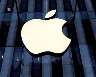 The Apple Inc logo above the entrance to the Apple store in New York City.