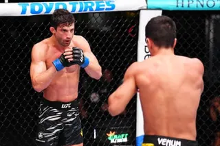 Allan Nascimento (left) faces Jafel Filho in a UFC flyweight fight last year in Las Vegas.