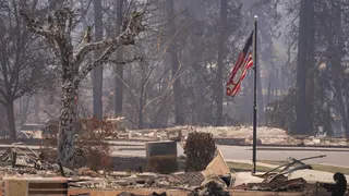 A burned United States flag hangs from a charred flagpole - burned trees and remnants of destroyed properties can be seen on either sides of the road and the air is hazy